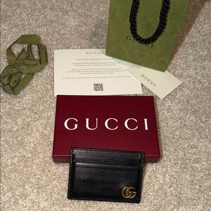 Gucci Black Leather Card Holder with Gold Logo